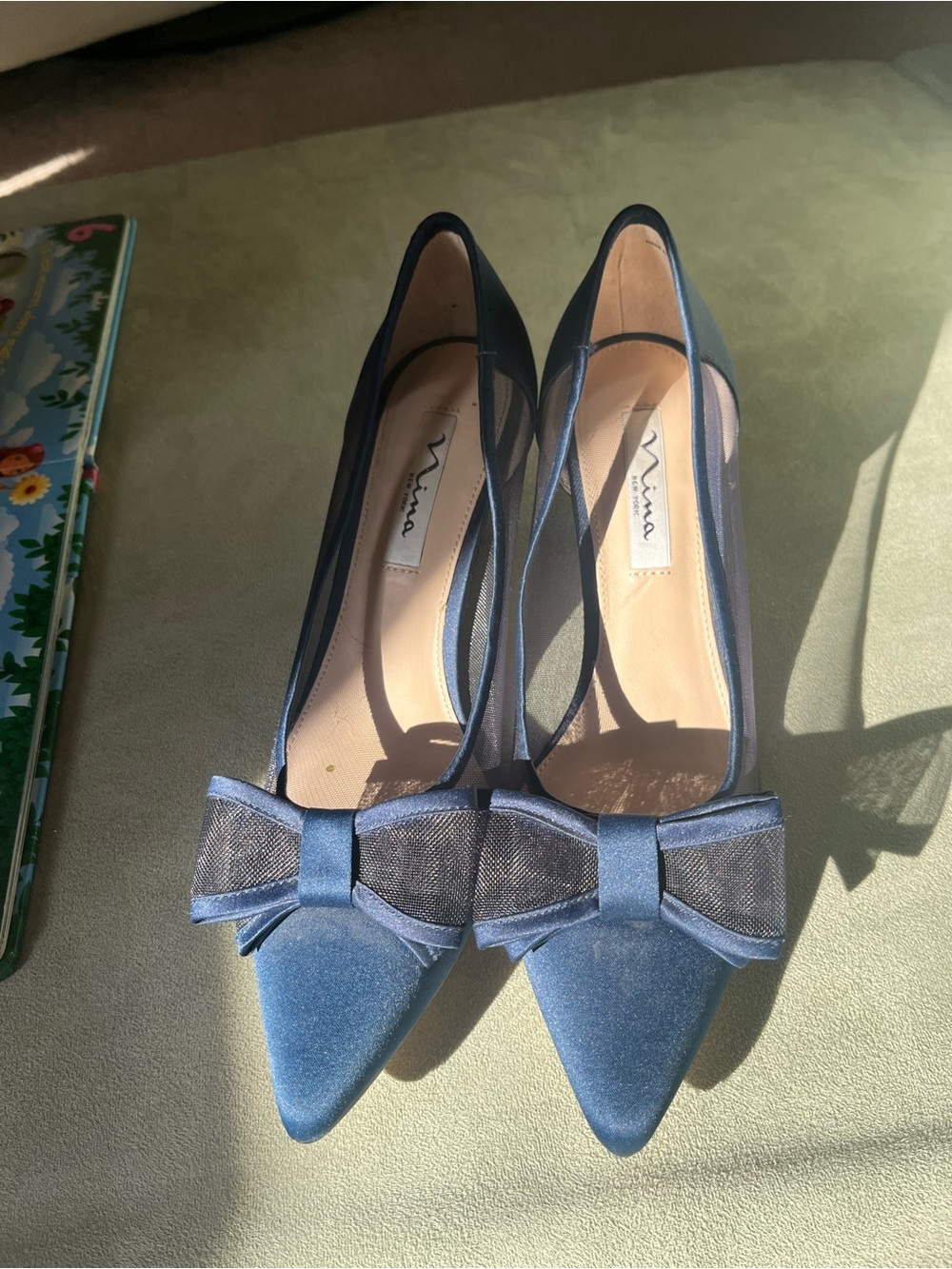 Nina Navy Satin Pointed-Toe Bow Pumps